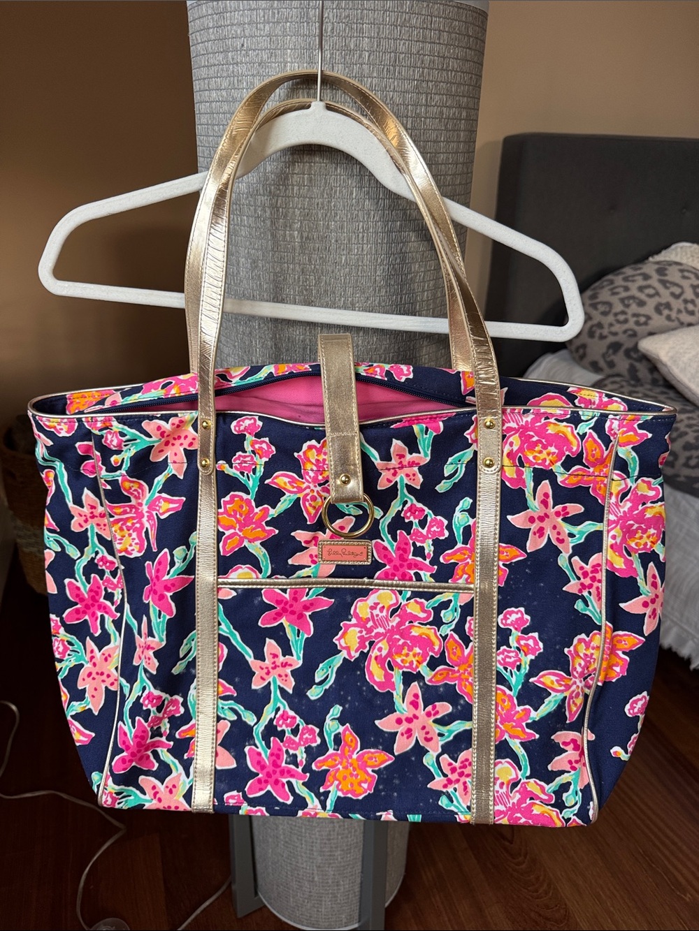 Lilly Pulitzer Navy Floral Tote with Gold Straps